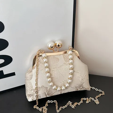 Bolso de Noche Vintage Jacquard Floral para Mujer Elegante Asa de Perlas Artificiales Con Correa de Cadena de Metal Bolso Bandolera Retro Concha