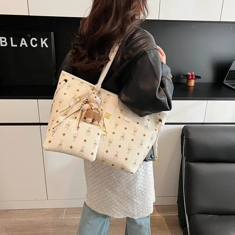 Women Fashion PU Leather Tote Bag Set Cartoon Rabbit Monogram Print Large Capacity Shoulder Bag With Small Pouch Bear Charm Set