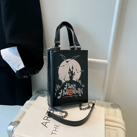 Borsa a Tracolla a Forma di Libro Gotico Motivo Zucca Strega Halloween Borsa in Pelle PU Con Catena Donna