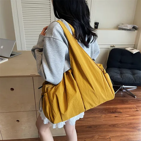 Women Large Capacity Washed Nylon Tote Bag Wrinkled Shoulder Bag With Drawstring Casual Travel Crossbody Bag Minimalist Handbag