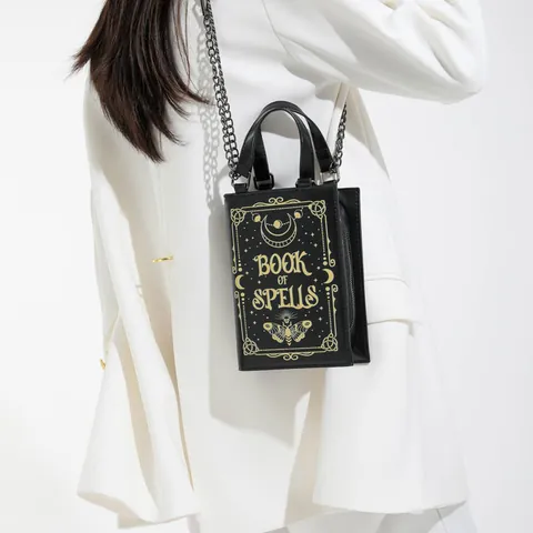 Borsa a Tracolla a Forma di Libro Gotico Motivo Zucca Strega Halloween Borsa in Pelle PU Con Catena Donna