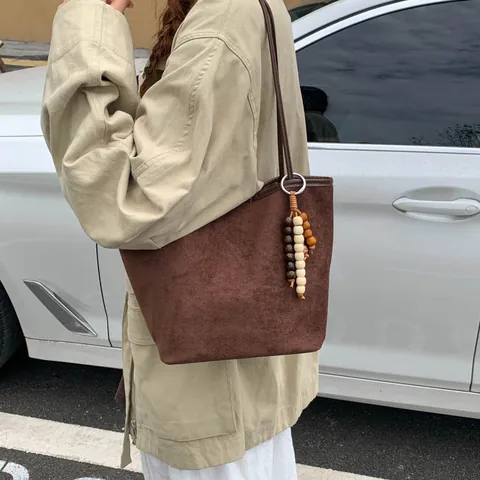 Women Vintage PU Leather Tote Bag And Inner Bag Suede Feel Large Capacity Shoulder Bag Beaded Pendant Retro Commute Handbag