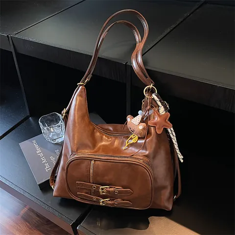Women Vintage PU Leather Large Capacity Shoulder Bag Retro Preppy Style Backpack Tote With Plush Bear Pendant For School Commute