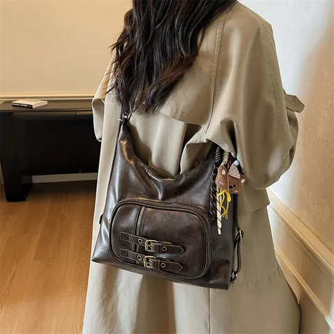 Women Vintage PU Leather Large Capacity Shoulder Bag Retro Preppy Style Backpack Tote With Plush Bear Pendant For School Commute