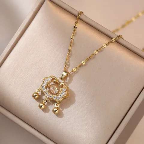 Vintage Chinese Style Longevity Lock Pendant Necklace Titanium Steel Gold Silver Plated Zirconia Jewelry For Women