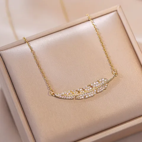 Feather Leaf Pendant Necklace Stainless Steel Zircon Inlaid Simple Elegant Jewelry For Women