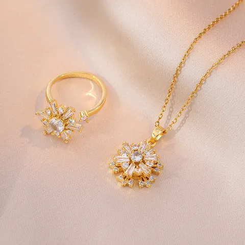 Titanstahl Rotierende Schneeflocke Zirkon Anhänger Halskette Verstellbarer Offener Ring Für Damen Gold Silber Schmuck