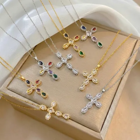 Fashion Stainless Steel Copper Zirconia Cross Pendant Necklace For Women Gold Silver Plated Colorful Stone Clavicle Chain Jewelry