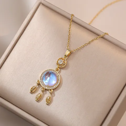 Titanium Steel Real Gold Plated Dreamcatcher Pendant Necklace Zirconia Faux Moonstone Feather Leaf Jewelry For Women