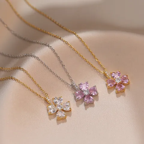 Collar con Colgante de Corazón de Trébol de Acero Inoxidable Vintage para Mujer Cadena de Clavícula de Zirconia Oro Plata