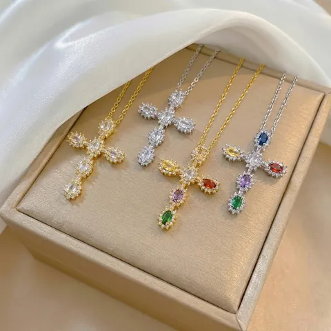 Fashion Stainless Steel Copper Zirconia Cross Pendant Necklace For Women Gold Silver Plated Colorful Stone Clavicle Chain Jewelry