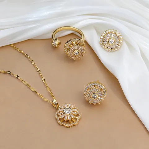 Gioielli in Zircone con Girasole Rotante Collana in Acciaio al Titanio Orecchini Anello Regolabile Placcato Oro Argento Moda Donna Gioielli