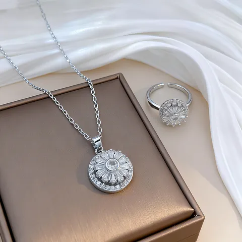 Gioielli in Zircone con Girasole Rotante Collana in Acciaio al Titanio Orecchini Anello Regolabile Placcato Oro Argento Moda Donna Gioielli