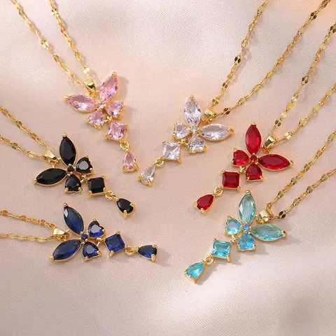 Butterfly Pendant Necklace Stainless Steel Colorful Zircon Dainty Clavicle Chain Fashion Jewelry For Women