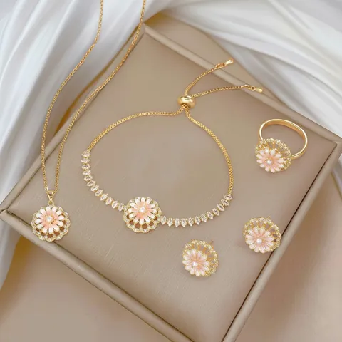Collana Orecchini Anello Bracciale Fiore Rotante in Zirconia Per Donna Acciaio al Titanio Smalto Rosa Margherita Gioielli Accessori Moda