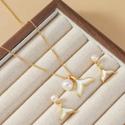 Elegante Fischschwanz Süßwasserperle Edelstahl Halskette Ohrringe Für Damen Vergoldet Muscheleinlage Täglicher Schmuck