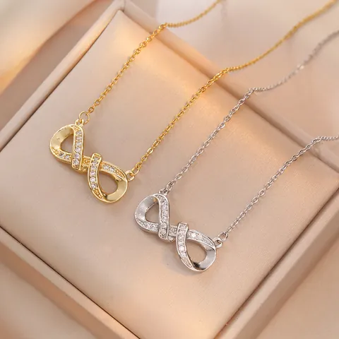 Infinity Symbol Pendant Necklace Stainless Steel With Sparkling Zircon Inlay Double Layer Minimalist Clavicle Chain For Women