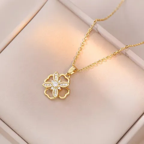 Rotating Four Leaf Flower Pendant Necklace Stainless Steel Gold Plated Rhinestone Inlaid Clavicle Chain Jewelry For Women Gift