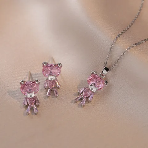 Cartoon Bear Zirconia Stainless Steel Pendant Necklace And Stud Earrings Set For Women Cute Minimalist Animal Fashion Jewelry Accessories