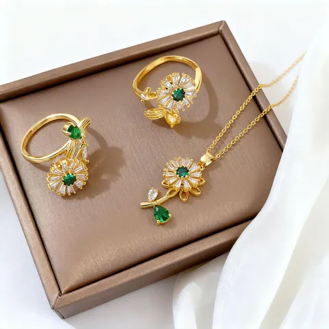 Fashion Rotating Sunflower Jewelry Set Emerald Green Zirconia Titanium Steel Gold Plated Daisy Necklace Ring Women Jewelry
