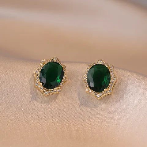 Retro Luxe Smaragd Zirkonia Hanger Ketting Oorbellen Set Verguld Roestvrij Staal Ovaal Geometrische Sieraden Voor Vrouwen Feest Bruiloft