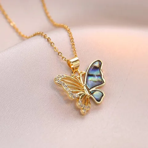Elegant Stainless Steel Butterfly Shell Pendant Necklace With Freshwater Pearl Earring Set Fashion Women Jewelry