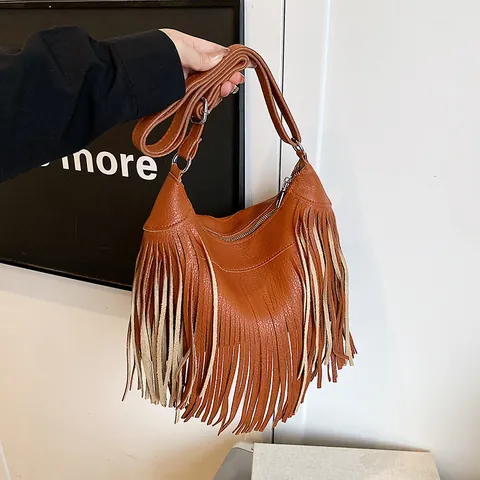 Sac à Épaule en Cuir PU Rétro pour Femmes avec Glands Sac Hobo Bohème à Franges et Bandoulière Réglable pour le Quotidien
