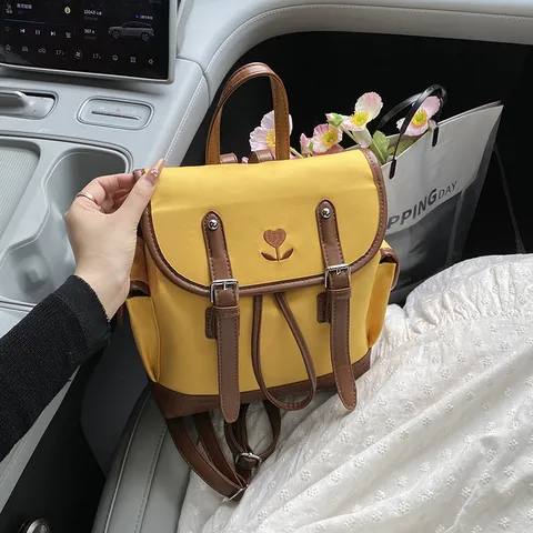 Sac à Dos Femme Vintage Couleur Contrastée Mode en Cuir PU Décontracté Étudiant École Voyage Avec Broderie Coeur Tulipe