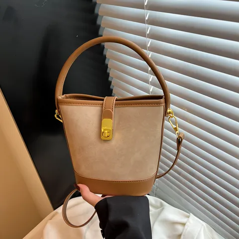 Vintage Color Contrast Bucket Bag For Women PU Leather Suede Patchwork Handheld Crossbody Bag Gold Metal Lock Daily Shoulder Bag