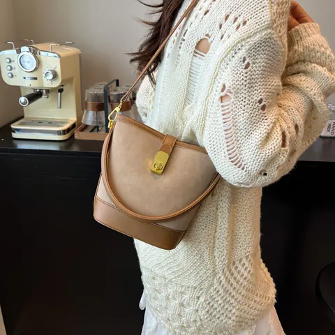 Vintage Color Contrast Bucket Bag For Women PU Leather Suede Patchwork Handheld Crossbody Bag Gold Metal Lock Daily Shoulder Bag