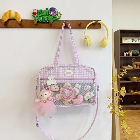 Bolso Ita Kawaii Japonés Con Ventana de PVC Transparente Estampado de Cuadros y Estrellas Bolso Bandolera Mujer