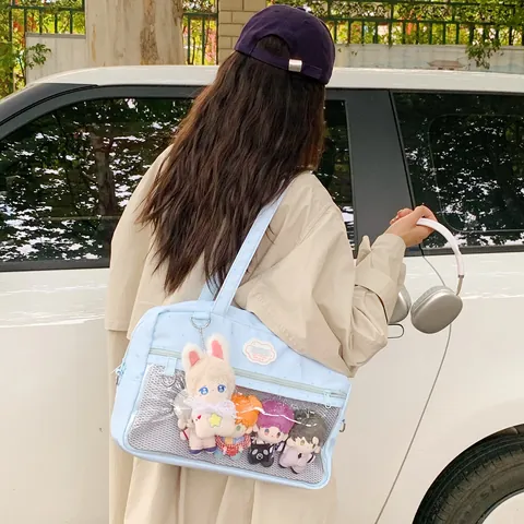 Bolso Ita Kawaii Japonés Con Ventana de PVC Transparente Estampado de Cuadros y Estrellas Bolso Bandolera Mujer