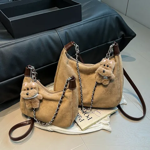 Vintage Suede Hobo Bag For Women Large Small Underarm Shoulder Bag With Metal Chain And Plush Bear Charm Retro Casual Daily Purse