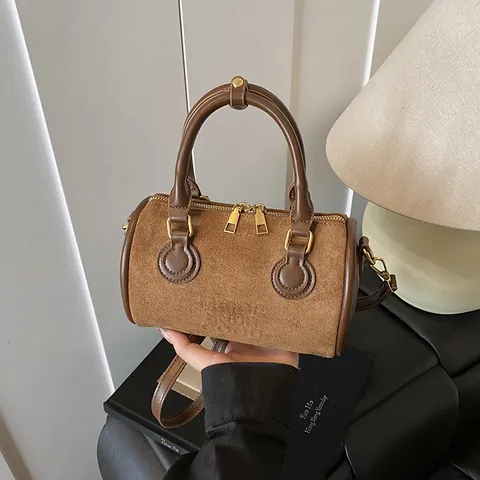 Retro Mattiert PU Leder Boston Tasche Für Damen Minimalistisch Zylindrisch Handtasche Schulter Umhängetasche Wildleder Textur Reisetasche