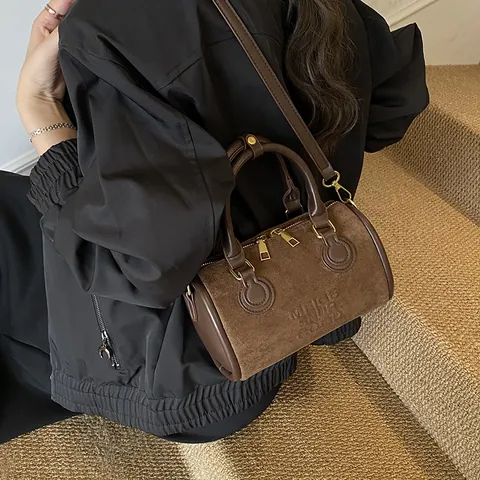 Retro Mattiert PU Leder Boston Tasche Für Damen Minimalistisch Zylindrisch Handtasche Schulter Umhängetasche Wildleder Textur Reisetasche