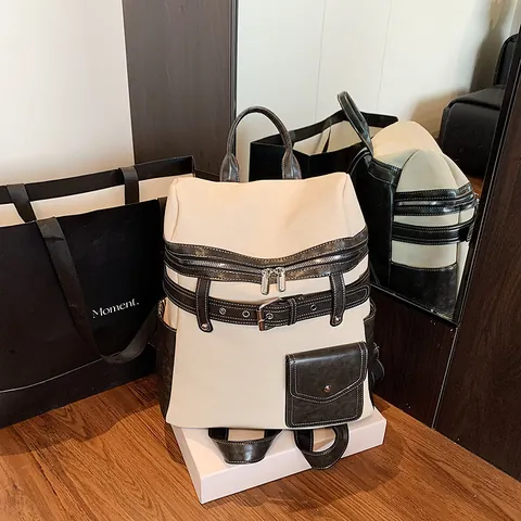 Women's Fashion Contrast Color PU Leather Backpack Large Capacity School Bag For University Students Casual Daily Travel Bookbag