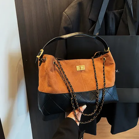 Vintage Quilted Chain Tote Bag For Women Spliced Suede PU Leather Large Capacity Shoulder Handbag Daily Commute Satchel