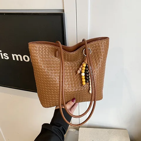 Borsa Tote Intrecciata da Donna Grande Capacità Borsa a Tracolla in Pelle PU Con Ciondolo Perline Vintage Urban Minimalista Lavoro