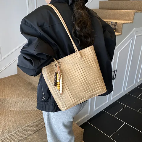 Borsa Tote Intrecciata da Donna Grande Capacità Borsa a Tracolla in Pelle PU Con Ciondolo Perline Vintage Urban Minimalista Lavoro
