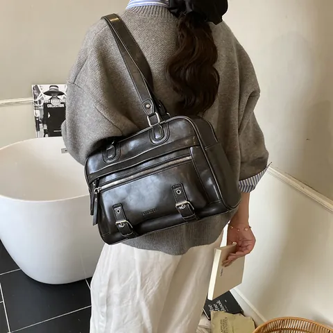 Damen Vintage PU-Leder Schultertasche Retro Boston Handtasche Große Kapazität Pendler Unterarmtasche Mit Reißverschlusstasche Silber Hardware