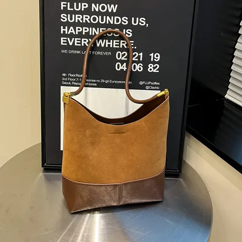 Vintage PU Wildleder Textur Patchwork Tragetasche Große Kapazität Eimer Umhängetasche Für Damen Täglich Pendeln Handtasche