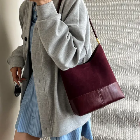 Vintage PU Wildleder Textur Patchwork Tragetasche Große Kapazität Eimer Umhängetasche Für Damen Täglich Pendeln Handtasche