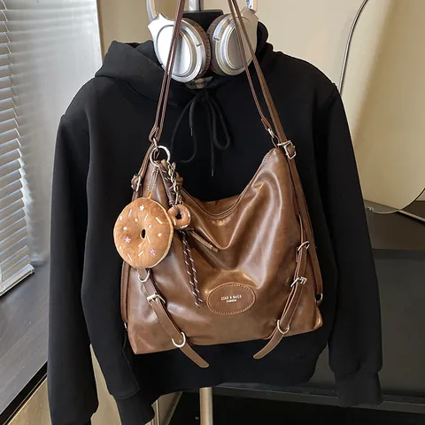 Vintage Large Capacity PU Leather Hobo Bag For Women Casual Commuter Shoulder Bag Multi Purpose Backpack With Donut Pendant Retro Solid Color Purse