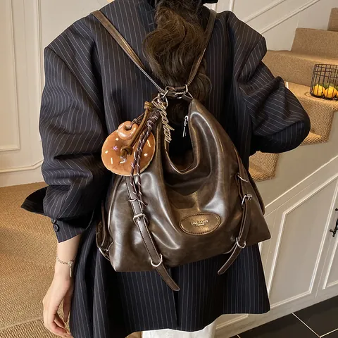 Vintage Large Capacity PU Leather Hobo Bag For Women Casual Commuter Shoulder Bag Multi Purpose Backpack With Donut Pendant Retro Solid Color Purse