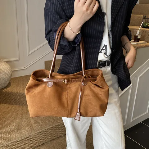 Retro Minimalist Large Capacity PU Suede Tote Bag For Women Vintage Commuter Shoulder Bag Autumn Winter Fashion Underarm Bag