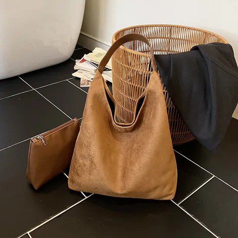 Sac Fourre-tout Vintage Aspect Daim Cuir PU Grande Capacité Minimaliste Sac à Épaule Avec Petite Pochette Pour Femme
