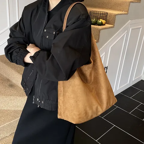 Sac Fourre-tout Vintage Aspect Daim Cuir PU Grande Capacité Minimaliste Sac à Épaule Avec Petite Pochette Pour Femme
