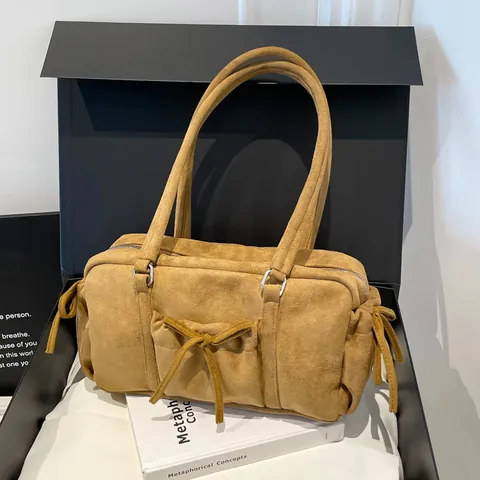 Bolso de Hombro de Gamuza Vintage para Mujer Moda Lazo Bolso de Axila Textura Mate Retro Boston Bolso de Mano Diario