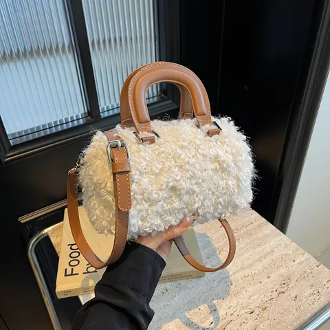 Women Faux Fur Plush Boston Bag PU Leather Handle Autumn Winter Sherpa Crossbody Handbag With Removable Strap Fashion Tote