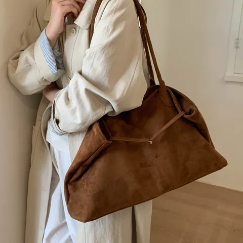 Women Minimalist Faux Suede Tote Bag Large Capacity Retro Lazy Style Shoulder Bag Casual Travel Office Solid Color Handbag